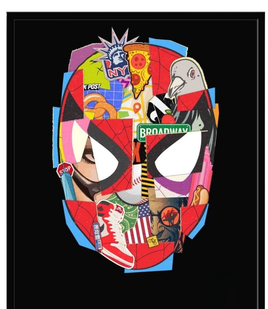 A large black-framed A3 poster of a Spider-Man mask made from a collage of New York City icons