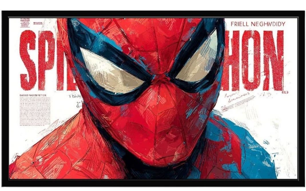 A large black-framed A3 poster of a painted close-up Spider-Man portrait