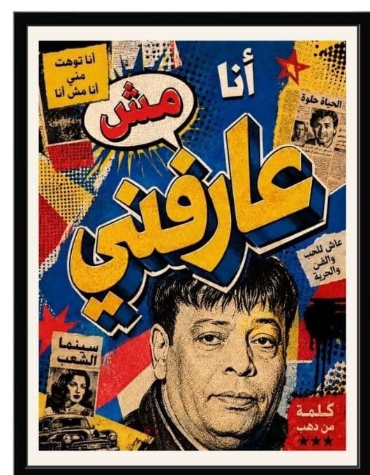 A large black-framed A3 poster with a bold pop-art portrait collage in blue and yellow