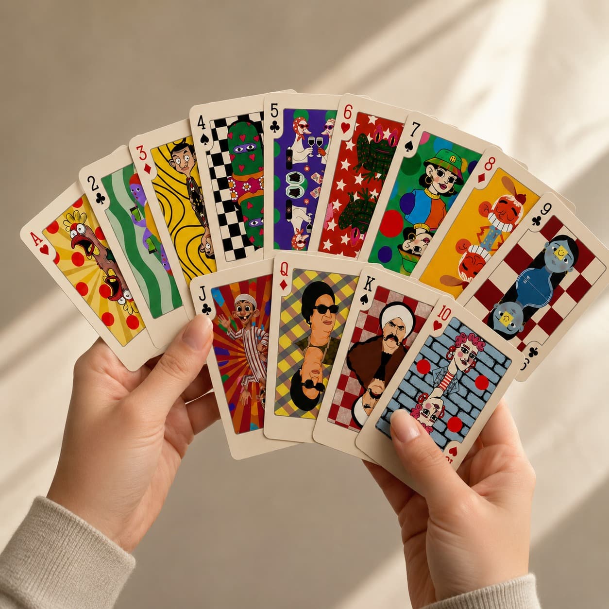 A custom illustrated playing card deck designed and printed at Waraqah