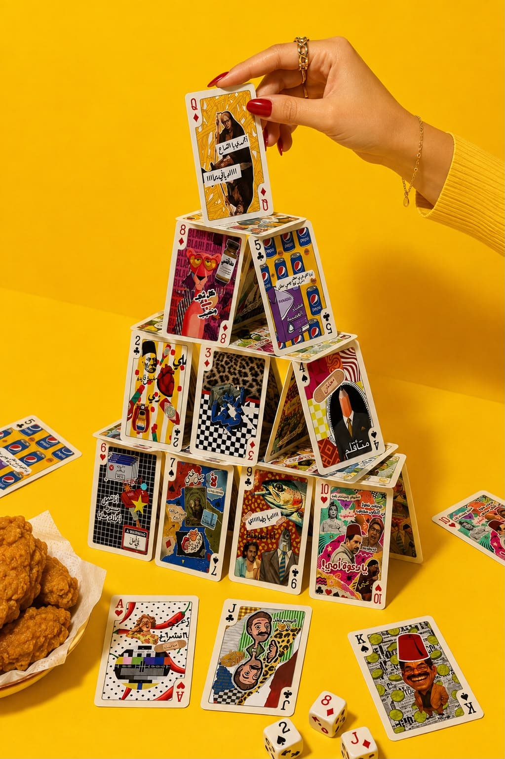 A card pyramid built from Waraqah's custom playing card deck